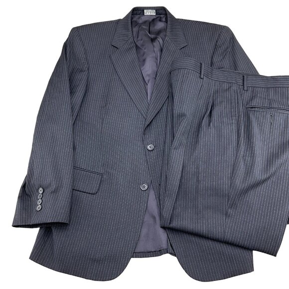 Jos A Bank Suit Men 40S/32Wx28L Gray Blue Pinstripe Signature Gordon Cuff‎ Wool - Picture 1 of 16